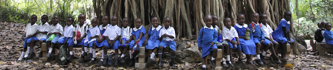 Kenyanische Schulkinderunter einem grossen Baum im Haller Park: Die ehemaligen Kalk-Steinbrüche wurden von einem Schweizer renaturiert und in einen Tierpark umgewandelt. Kenyan school-children under a huge tree in Haller Park in Mombasa, where a swiss ren
